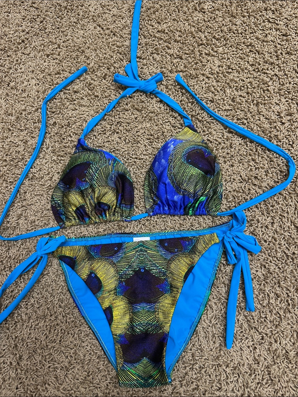 Peacock-Print Blue Tie-Side Bikini Top & Bottom - Women Swim Bikini
